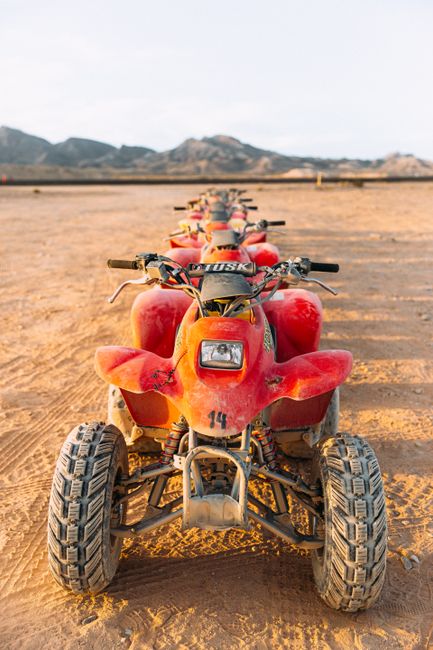 Row of red ATVs parked on sandy terrain