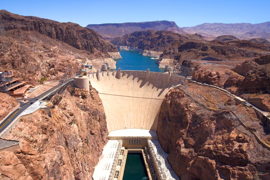 Hoover Dam with surrounding landscape