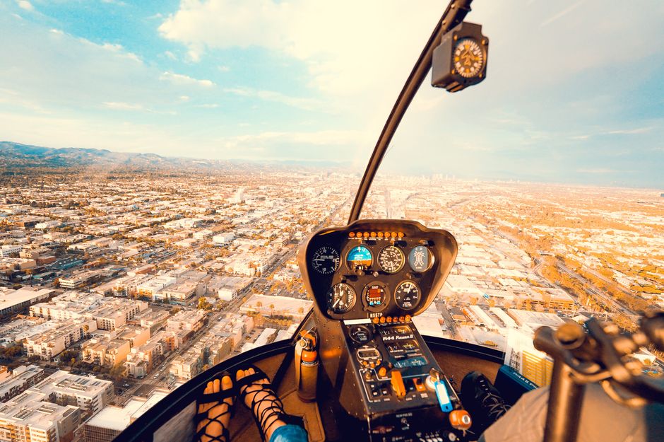 helicopter cockpit with city view