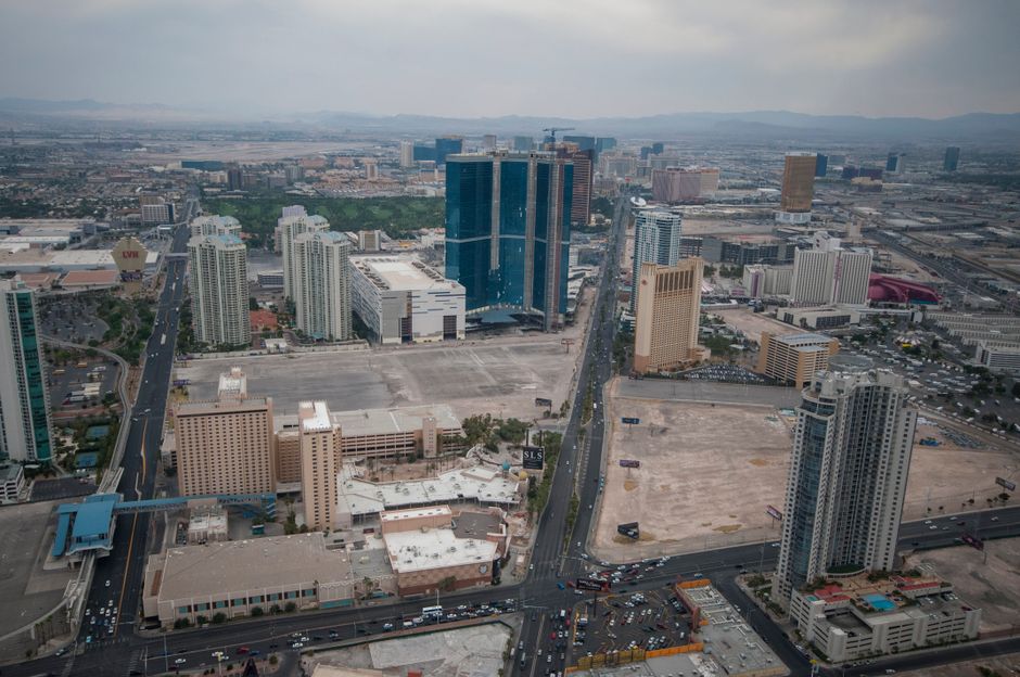 Aerial view of Las Vegas Strip with various casinos and hotels